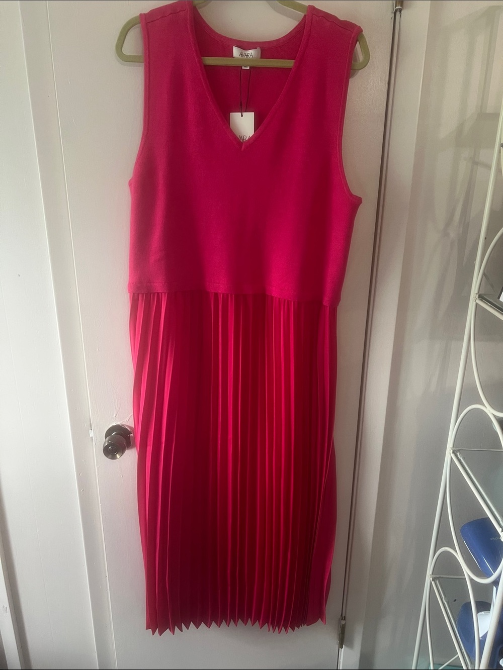 Fuchsia V-Neck Pleated Midi Dress